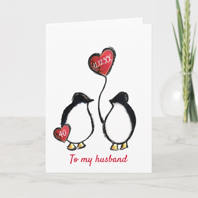 Penguin 40th ruby wedding anniversary husband card (Front)