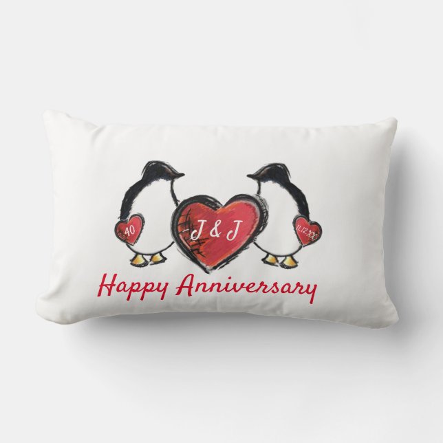 Penguin 40th ruby wedding anniversary lumbar pillow (Front)