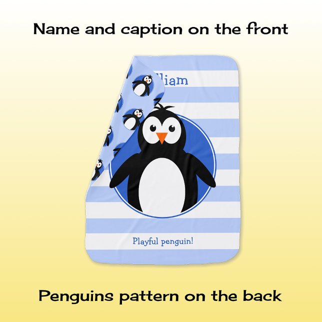 Penguin add name blue white stripes baby blanket (Creator Uploaded)