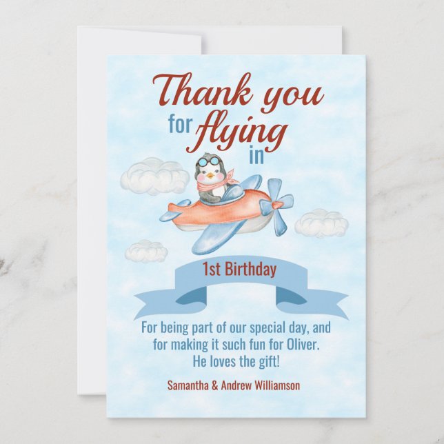 Penguin Airplane Blue 1st Birthday Thank You Card (Front)