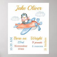 Penguin Airplane Blue Baby Boy Stats Poster