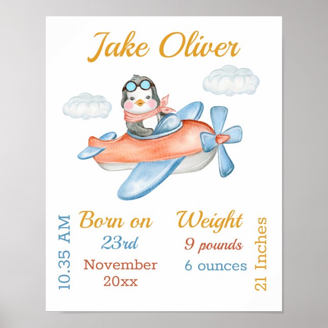 Penguin Airplane Blue Baby Boy Stats Poster (Front)