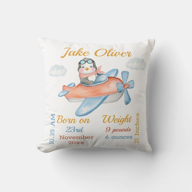 Penguin Airplane Blue Baby Boy Stats Throw Pillow (Front)