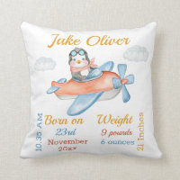 Penguin Airplane Blue Baby Boy Stats Throw Pillow