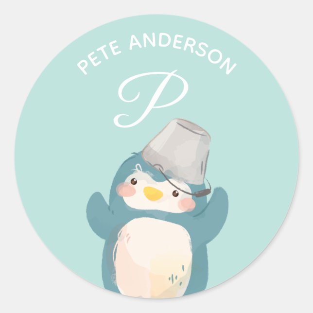 Penguin • Alphabet Monogram Cute School Daycare Classic Round Sticker (Front)