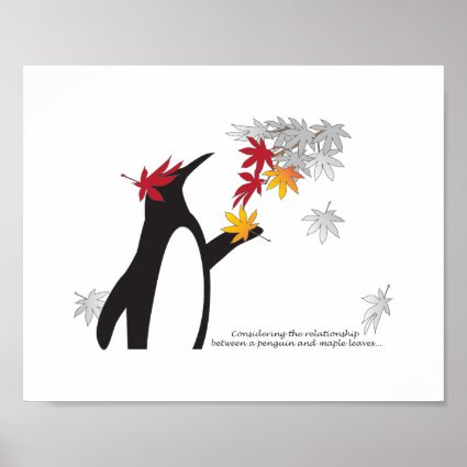 Penguin and Autumn Maple Leaves Cartoon Cute Funny Poster