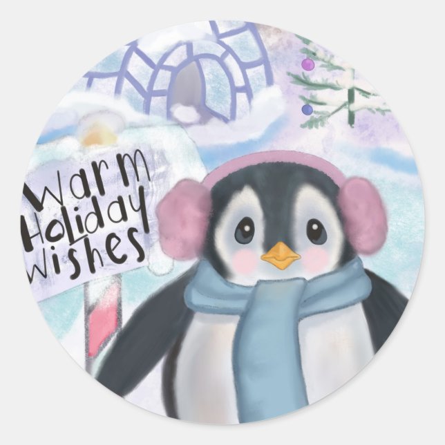Penguin and Igloo Northern Lights Scene Classic Round Sticker (Front)