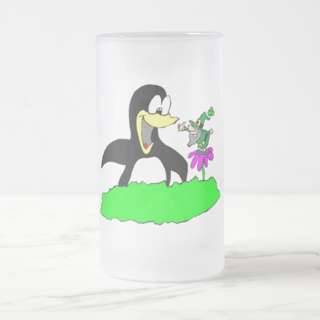 Penguin and Leprechaun Frosted Glass Beer Mug (Center)