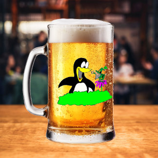 Penguin and Leprechaun Frosted Glass Beer Mug
