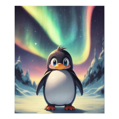 Penguin and northern lights photo print