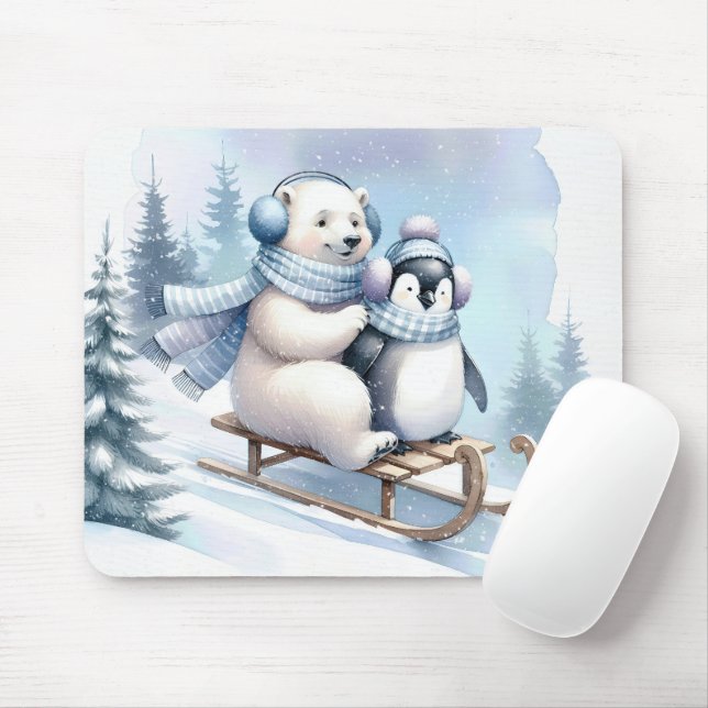 Penguin and Polar Bear On a Sled Mouse Pad (With Mouse)