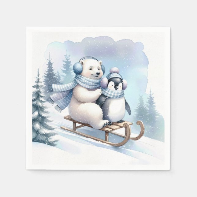 Penguin and Polar Bear On a Sled Napkins (Front)