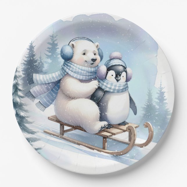 Penguin and Polar Bear On a Sled Paper Plates (Front)