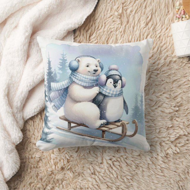 Penguin and Polar Bear On a Sled Throw Pillow (Blanket)