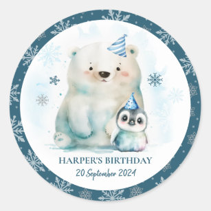 Penguin and Polar Bear Winter Birthday Classic Round Sticker