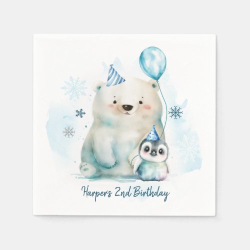 Penguin and Polar Bear Winter Birthday Napkins