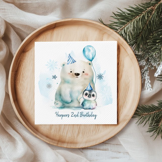 Penguin and Polar Bear Winter Birthday Napkins (Get ready to turn up the coolness at your little cub's winter birthday party with this design.)