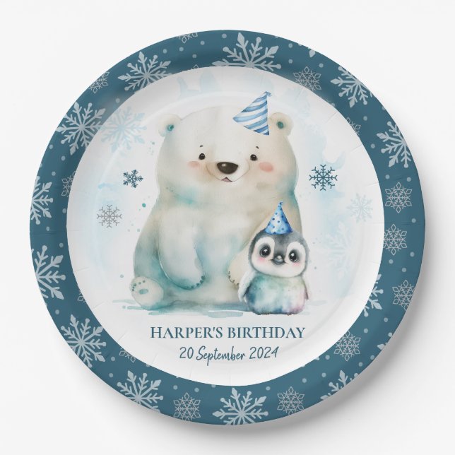 Penguin and Polar Bear Winter Birthday Paper Plates (Front)