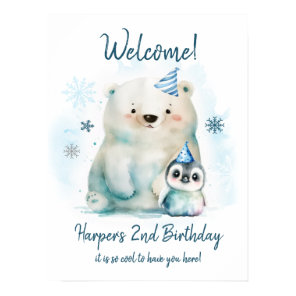 Penguin and Polar Bear Winter Birthday Poster