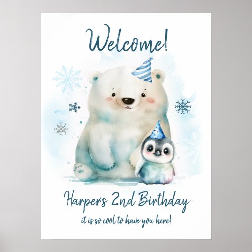 Penguin and Polar Bear Winter Birthday Poster