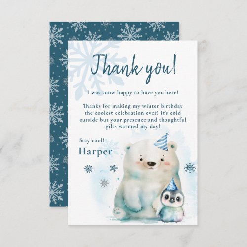 Penguin and Polar Bear Winter Birthday Thank You Card