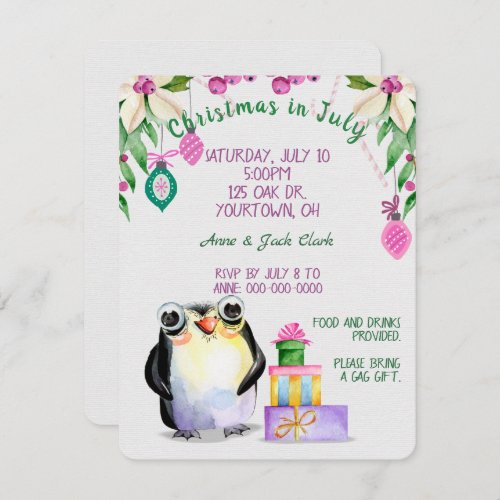 penguin and presents for Christmas in July party Invitation