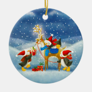 Penguin and Reindeer Ceramic Ornament
