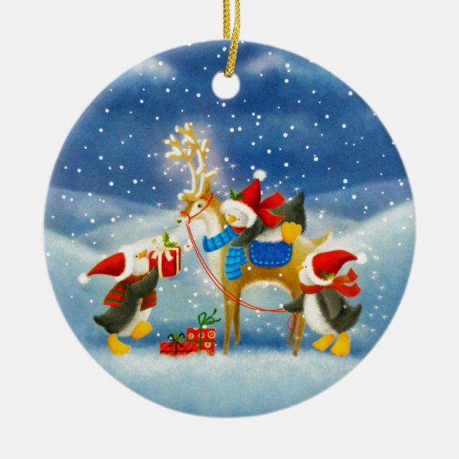 Penguin and Reindeer Ceramic Ornament (Front)