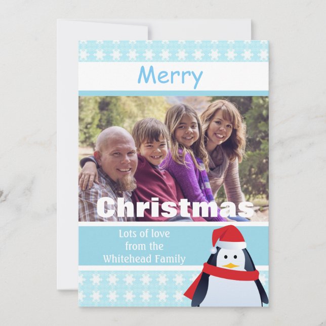 Penguin and Snowflakes Custom Photo Holiday Card (Front)