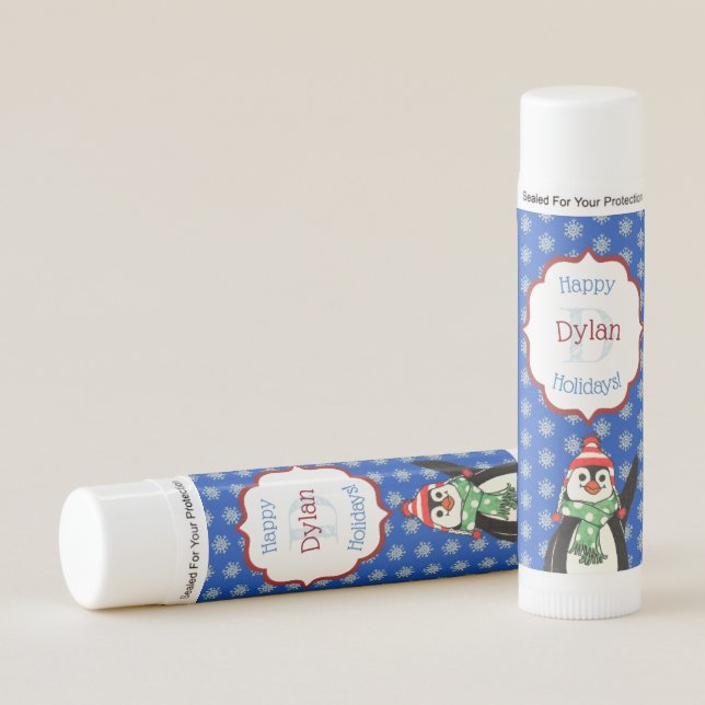 Penguin and Snowflakes Monogrammed Lip Balm (Front)
