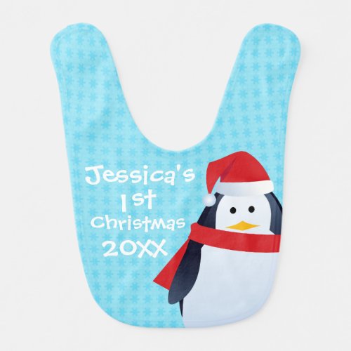 Penguin and Snowflakes Personalised 1st Christmas Baby Bib