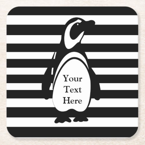 Penguin and Stripes Custom Text Square Paper Coaster