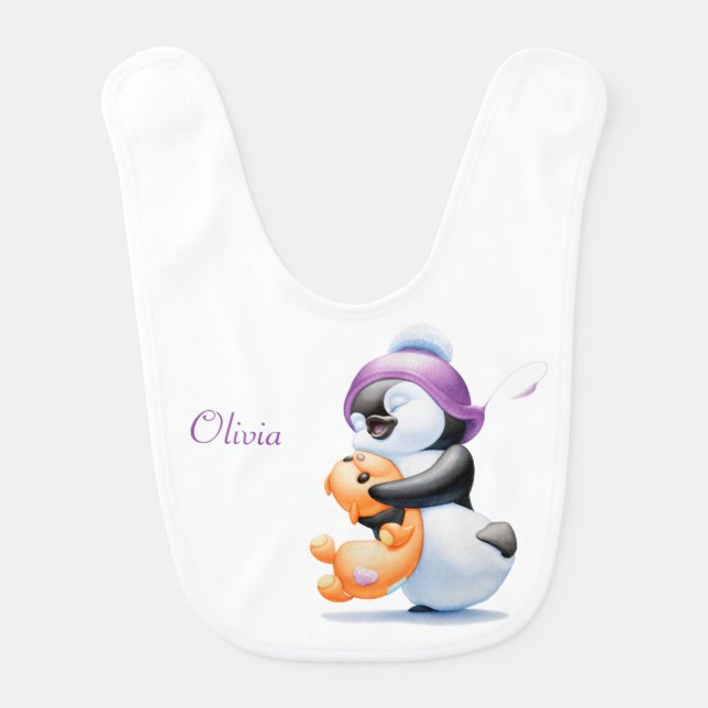 Penguin and Teddy Bear Personalized Baby Bib (Front)
