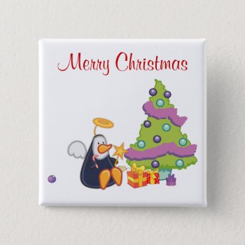 Penguin Angel Christmas Button by pixelholic at Zazzle