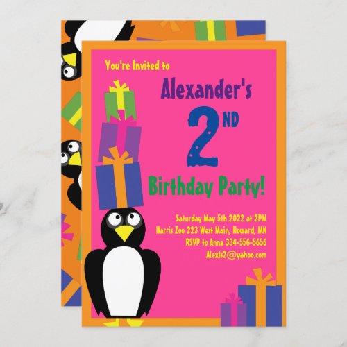 Penguin Animal Kids Birthday Party Invitations