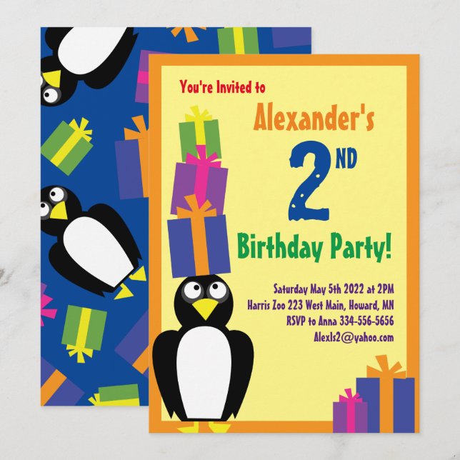 Penguin Animal Kid's Birthday Party Invitations (Front/Back)