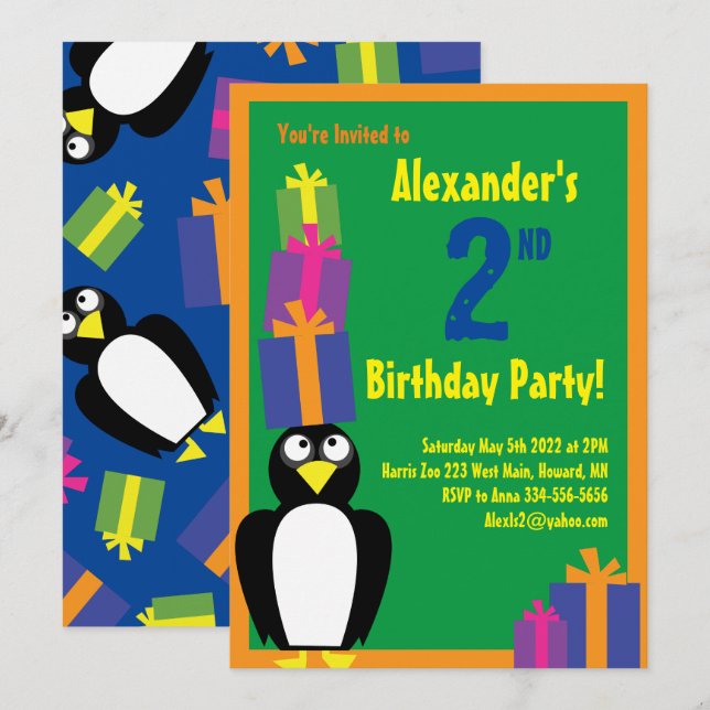 Penguin Animal Kid's Birthday Party Invitations (Front/Back)