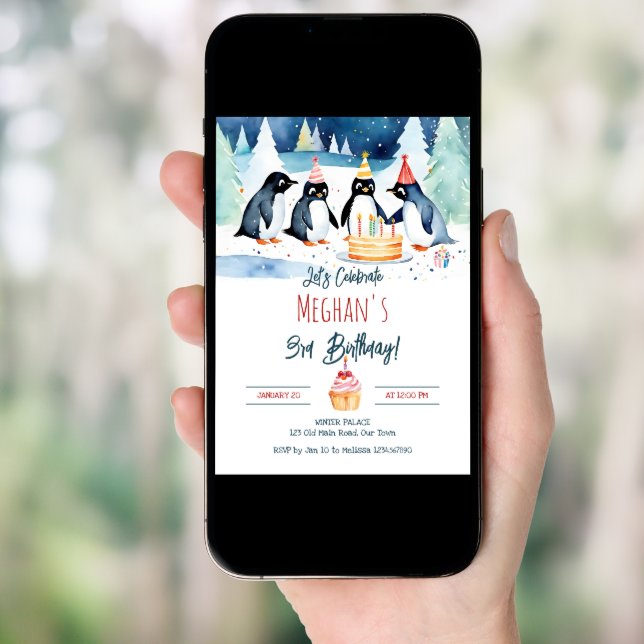 Penguin arctic winter birthday editable template (Front Digital)