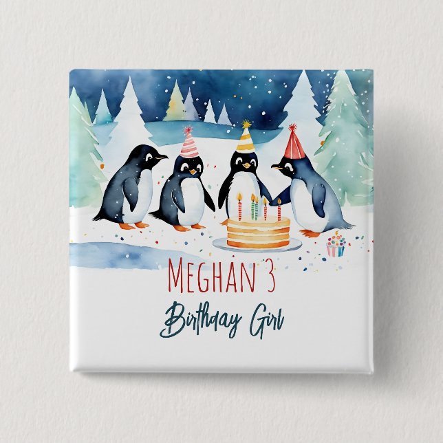 Penguin arctic winter birthday party  button (Front)
