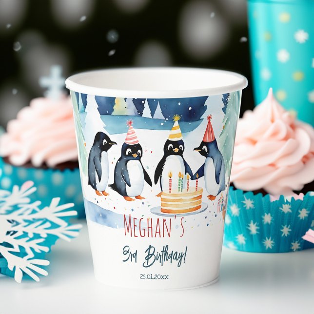 Penguin arctic winter birthday personalized paper cups (Penguin arctic winter birthday personalized paper cups penguin party supplies customized paper cups)