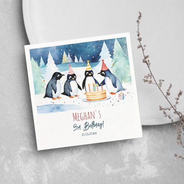 Penguin arctic winter birthday template napkins (Penguin arctic winter birthday party personalized tableware template napkins cute penguins and cake)