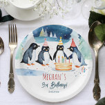 Penguin arctic winter birthday template paper plates<br><div class="desc">Penguin arctic winter birthday tableware personalized template party plates,  watercolor winter wonderland cute penguins having a party with a birthday cake winter themed children birthday party plates</div>