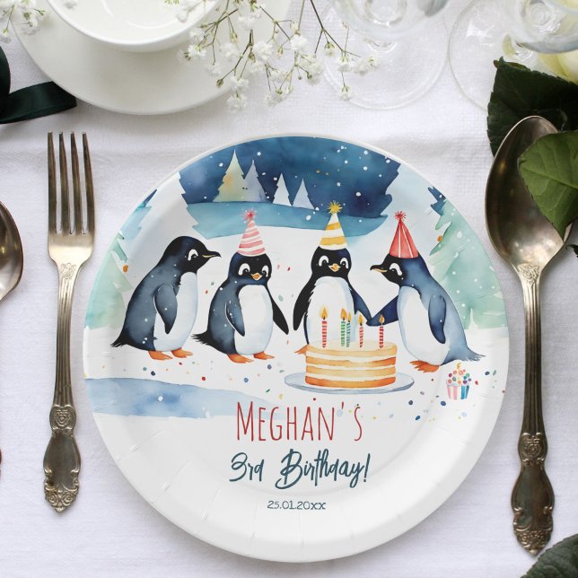 Penguin arctic winter birthday template paper plates (Penguin arctic winter birthday party tableware personalized template paper plates cute penguins cake)