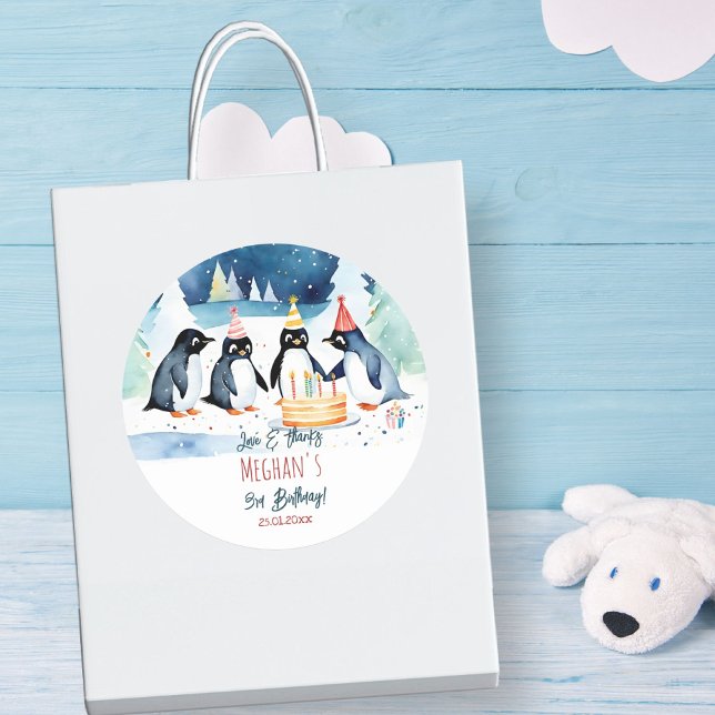 Penguin arctic winter birthday thank you favor classic round sticker (Penguin arctic winter birthday thank you favor stickers cute penguins with a birthday cake favors)