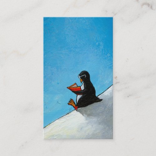 Penguin art fun cute bird in glasses reading book business card template