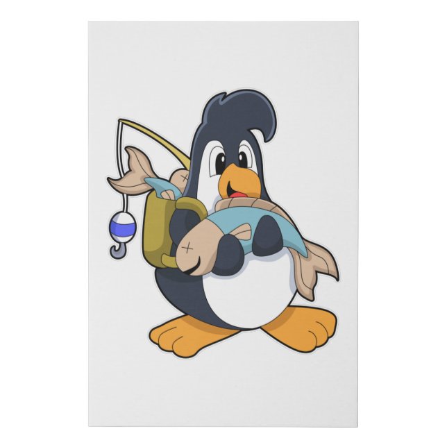 Penguin as Angler with Fish Faux Canvas Print (Front)