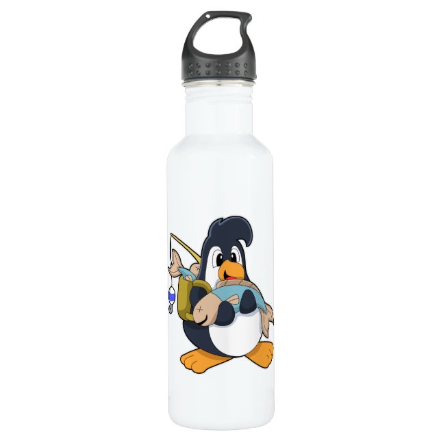 Penguin as Angler with Fish Stainless Steel Water Bottle (Front)