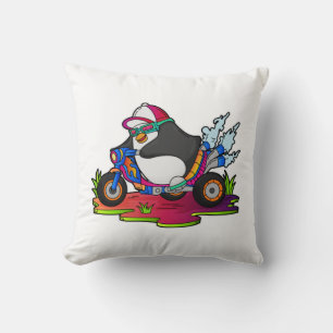 Penguin as Biker with Motorcycle Throw Pillow