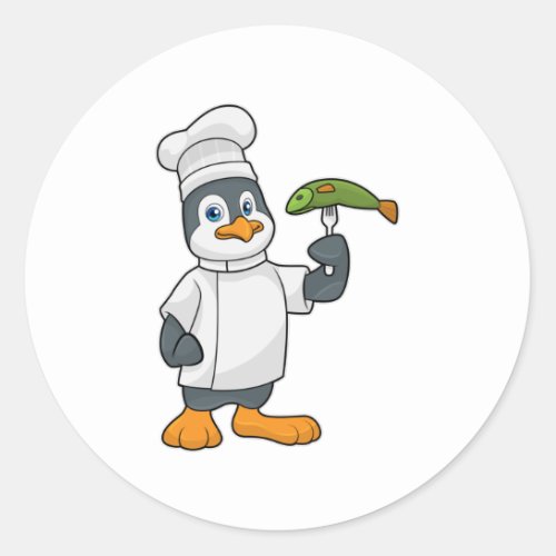 Penguin as Cook with Fish  Cooking apron Classic Round Sticker