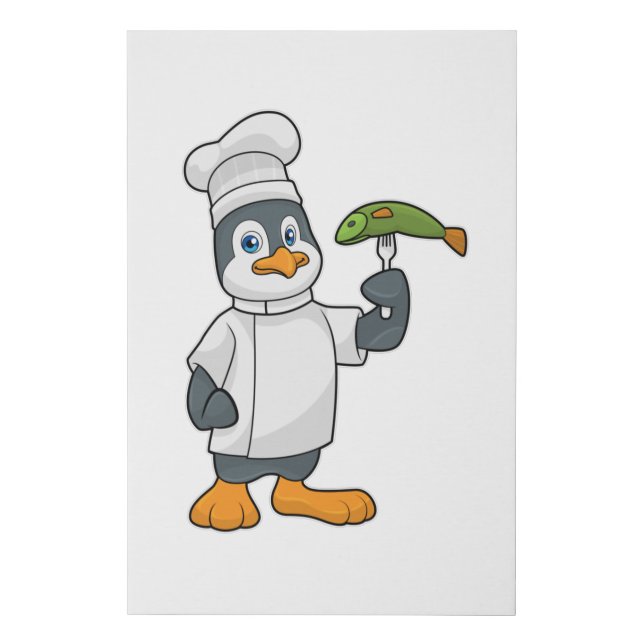 Penguin as Cook with Fish & Cooking apron Faux Canvas Print (Front)